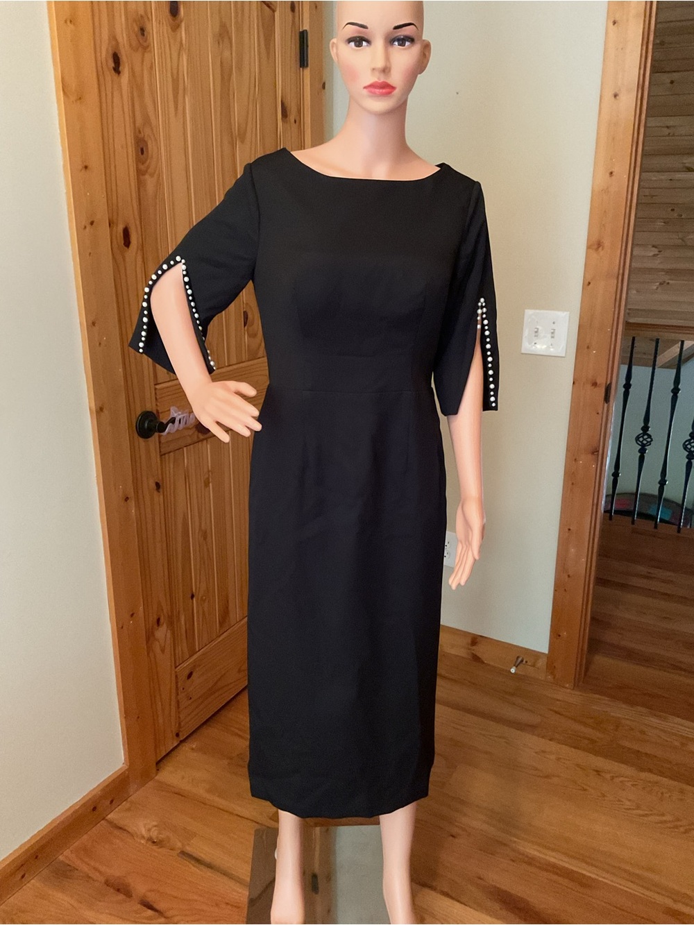 NWOT Classic Black Midi Dress with Pearl-Trim Sleeves